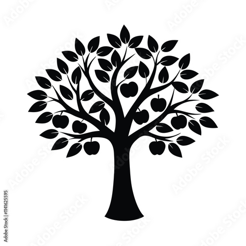 vector of apple tree design, labeled vector art, linocut silhouette illustration.