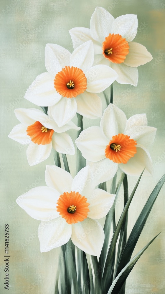 Fototapeta premium White daffodils with orange centers on a