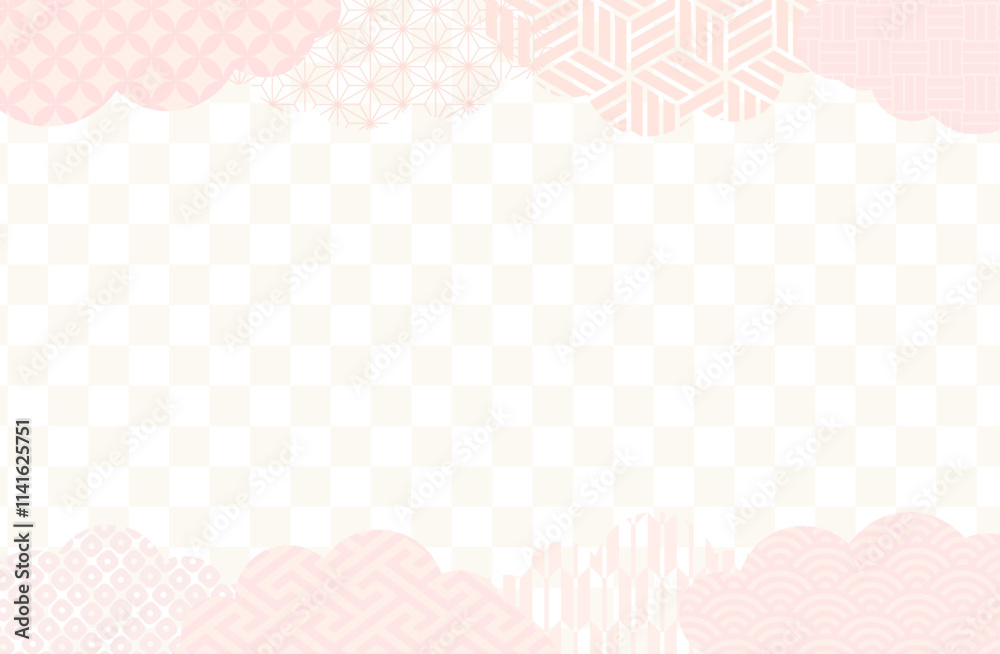 和柄のシンプルフレームベクターイラスト素材 雲形 ピンク かわいい 七宝 麻の葉 鹿の子 矢絣