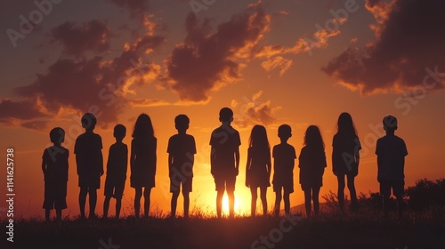 Silhouette back refugee kid group.Responsible.Kid child boy and girl worship.World kids day, Pray and worship, Hope, freedom, Diverse, Faith.World refugee day.Juneteenth kid.Friends.Potential unlock.