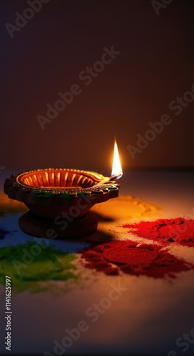 Traditional Indian Diya Lamp with Colorful Rangoli for Festival Celebration photo