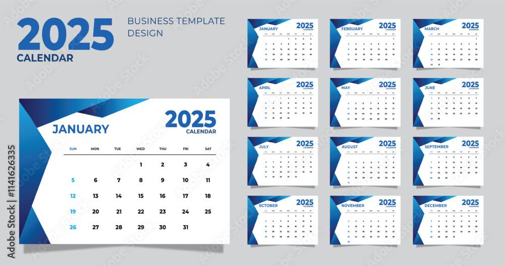 Business Desk monthly Calendar 2025 in flat style collection set.Starting from sunday. on blue geometric shape design decoration Business Desk monthly Calendar 2025 in flat style collection set.Starting from sunday. on blue geometric shape design decoration