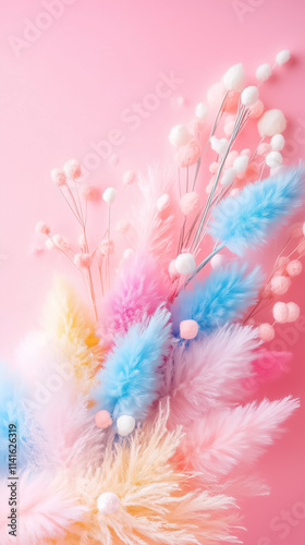 A stunning arrangement of colorful, fluffy flowers creates a joyful and whimsical atmosphere in soft pastel tones