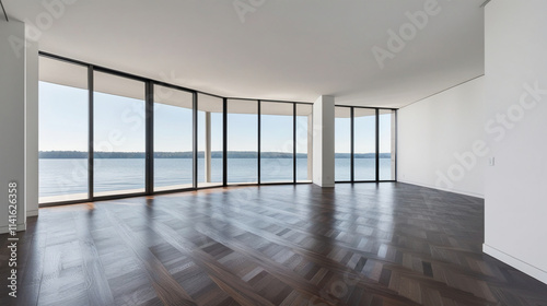 Wallpaper Mural White empty room with parquet in modern apartment. Large windows overlooking the lake and no one inside Torontodigital.ca