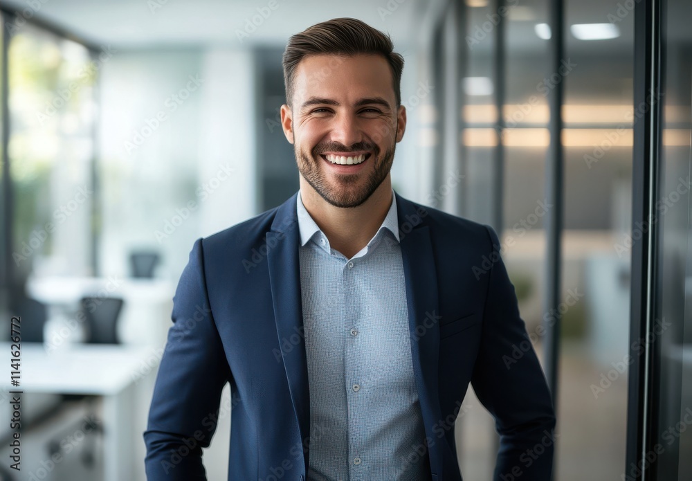 Confident businessman smiling in a modern office setting with natural lighting, showcasing professionalism and a positive attitude in a corporate environment Confident businessman smiling in a modern office setting with natural lighting, showcasing professionalism and a positive attitude in a corporate environment