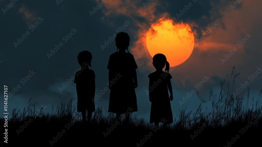 Silhouette back refugee kid group.Responsible.Kid child boy and girl worship.World kids day, Pray and worship, Hope, freedom, Diverse, Faith.World refugee day.Juneteenth kid.Friends.Potential unlock. Silhouette back refugee kid group.Responsible.Kid child boy and girl worship.World kids day, Pray and worship, Hope, freedom, Diverse, Faith.World refugee day.Juneteenth kid.Friends.Potential unlock.