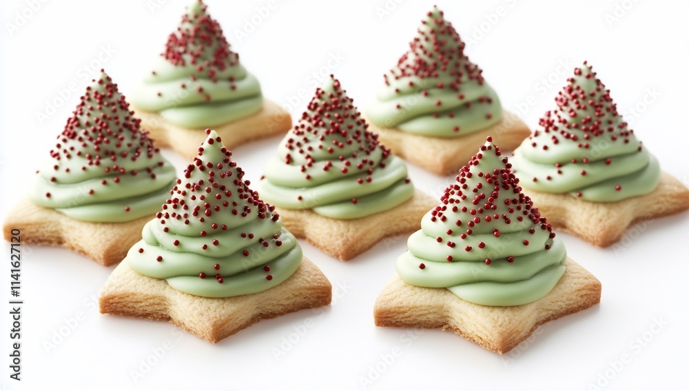 Six star-shaped cookies decorated as Christmas trees with green frosting and red sprinkles. Six star-shaped cookies decorated as Christmas trees with green frosting and red sprinkles.