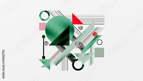 Geometric Abstract Background with Bold Shapes and Contrasting Colors. Circles, triangles, squares and lines with shadow effect