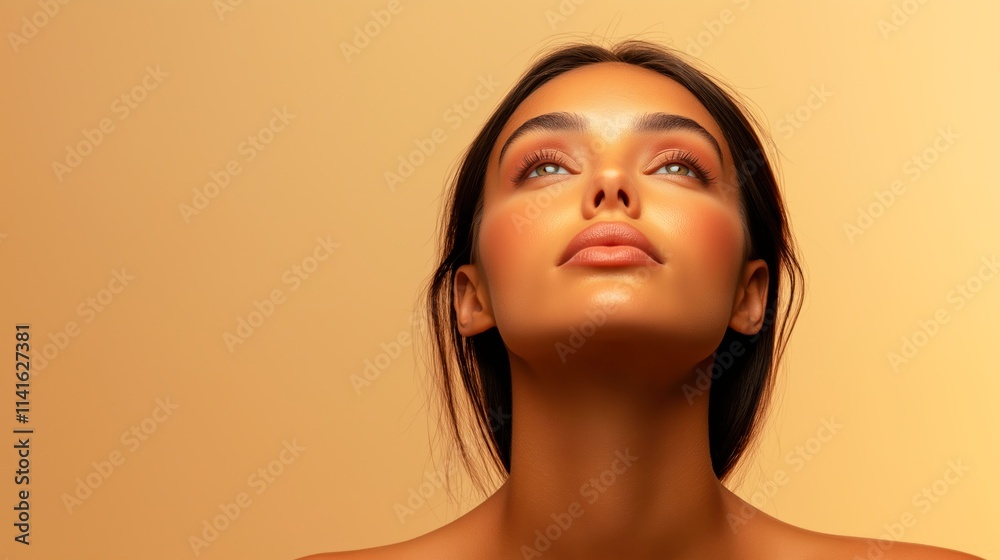 A minimalist portrait of a brunette with glowing skin and a serene expression