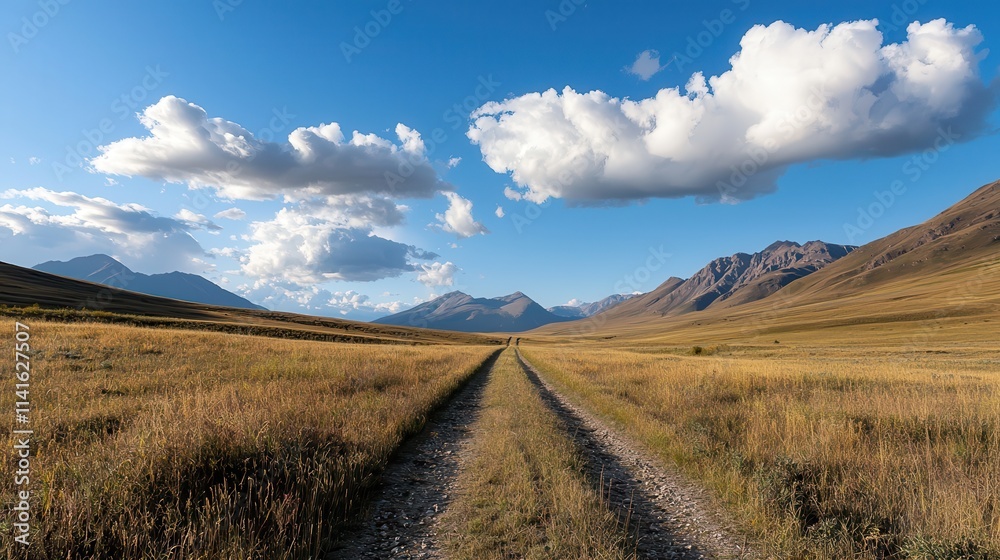 Naklejka premium Expansive sky filled with fluffy white clouds over an open countryside field
