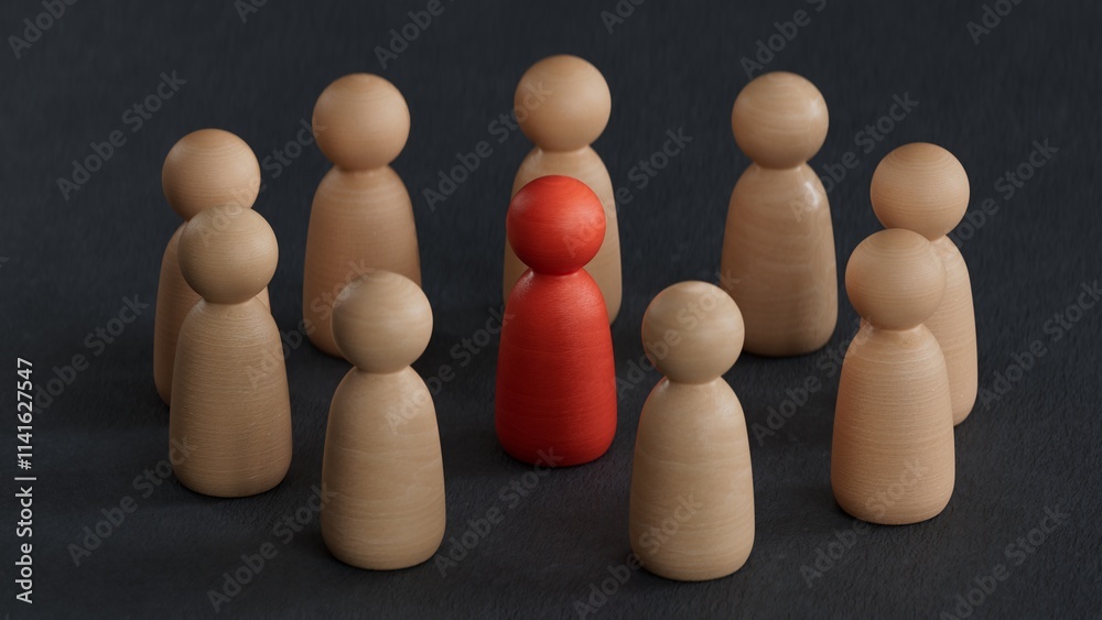 Wooden person model among people, Leadership concept.3D rendering on black background. Wooden person model among people, Leadership concept.3D rendering on black background.