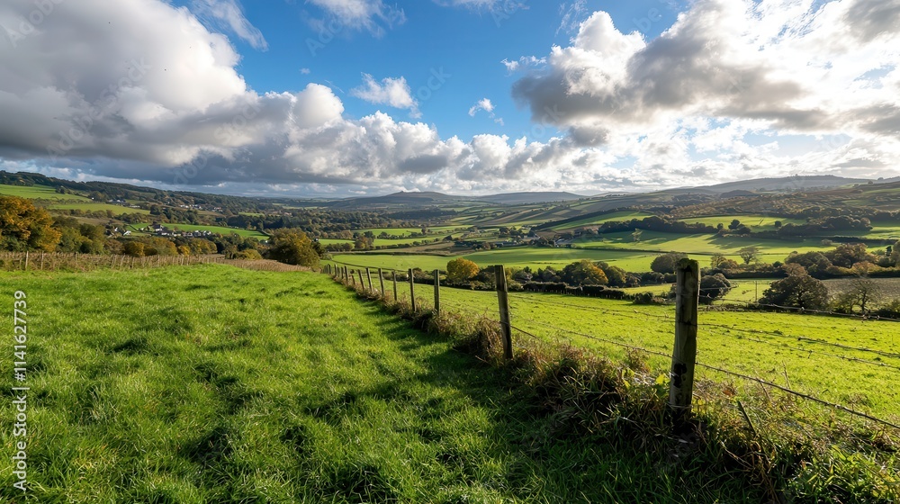 Fototapeta premium Expansive sky filled with fluffy white clouds over an open countryside field