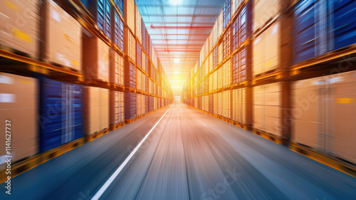 A vibrant warehouse aisle filled with stacked shipping containers, illuminated by warm sunlight at the end, creating a sense of depth and perspective.