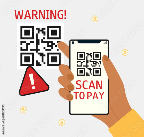 Fake Qr Code. Hand with phone. Scan to pay financial scam. Online crime warning. Flat vector poster, banner.