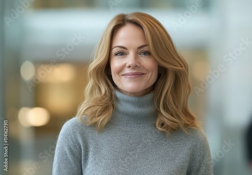 Confident Woman Smiling in a Modern Business Environment with Soft Natural Lighting and Stylish Casual Attire, Exuding Professionalism and Approachability