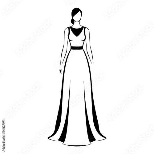 line art evening dress, gown, with transparent background, fashion illustration