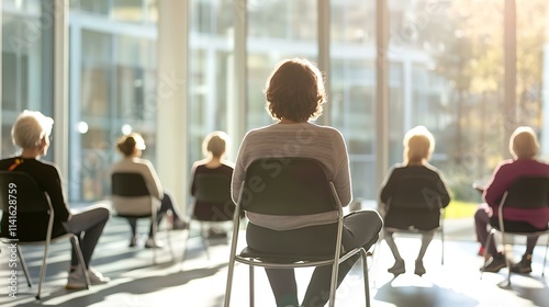 A group of seniors performing chair exercises in a light-filled fitness center with an encouraging instructor