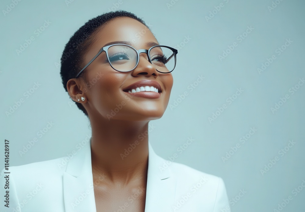 Confident Young Woman with Short Hair Wearing Glasses, Smiling Brightly Against a Soft Background for Inspirational and Professional Themes
