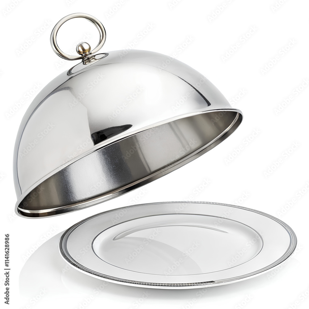 Silver serving dome or Cloche with empty plate, isolated on white background Silver serving dome or Cloche with empty plate, isolated on white background