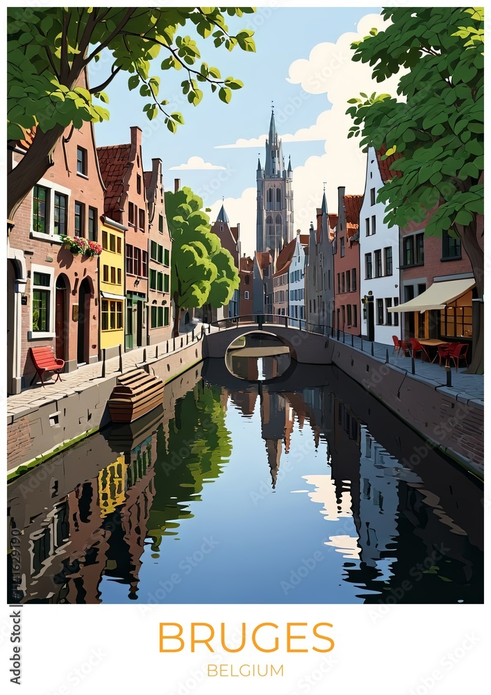 Obraz premium Bruges Belgium Eco Friendly Travel Poster Illustration Canvas Wall Art Decor Gift