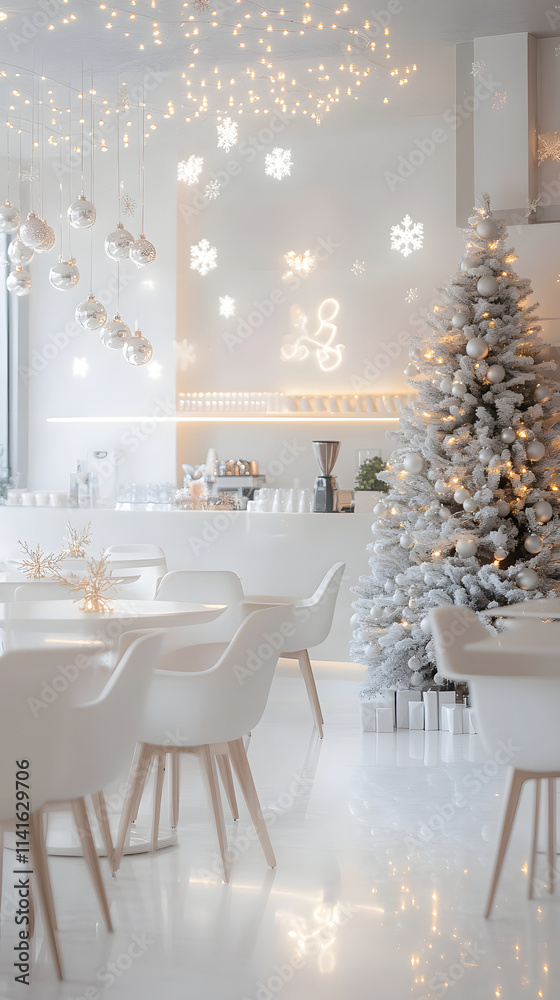 A cozy café featuring a decorated Christmas tree and festive lighting. A cozy café featuring a decorated Christmas tree and festive lighting.