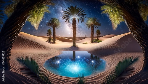 Surreal Desert Oasis Under a Night Sky with Glowing Galaxies photo