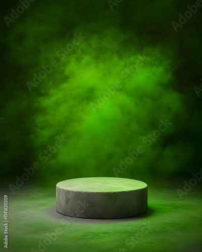 Elevated podium surrounded by green fog abstract art studio setting mysterious atmosphere
