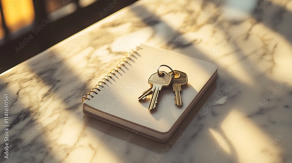 A set of keys and a notebook placed on a chic marble desk with sunlight filtering in A set of keys and a notebook placed on a chic marble desk with sunlight filtering in