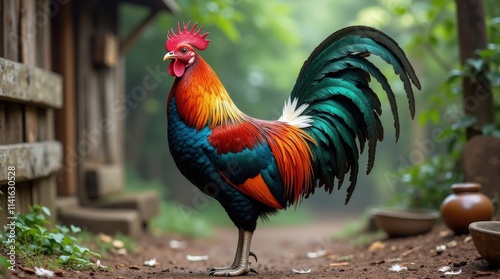 Wallpaper Mural Vibrant Rooster Standing in a Serene Rural Farmyard Torontodigital.ca
