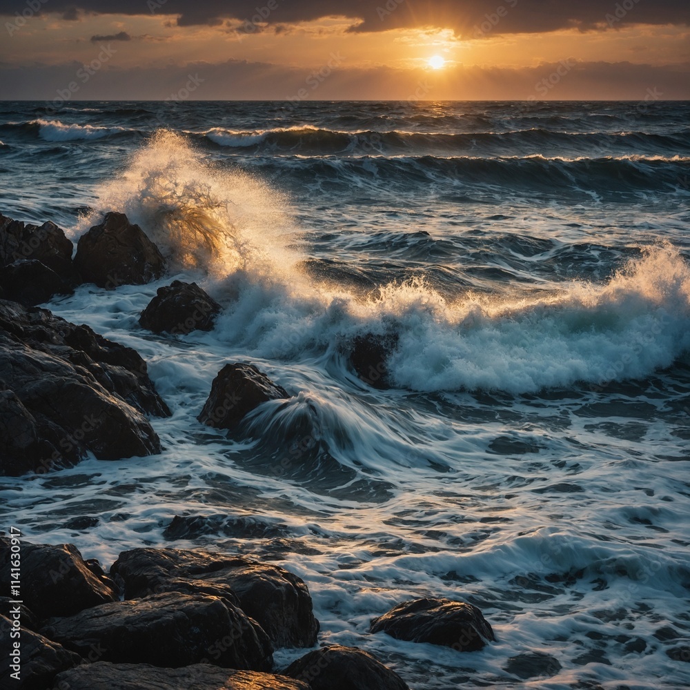 Obraz premium Waves crashing against rocks at sunset.
