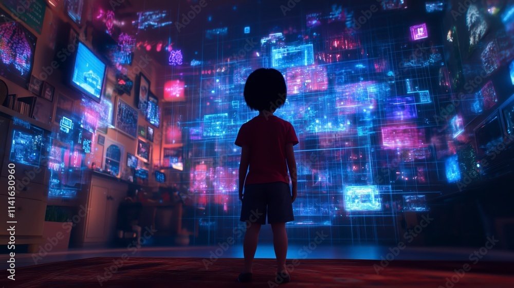 A young child gazes at a mesmerizing array of colorful digital screens, showcasing technology's wonders. A young child gazes at a mesmerizing array of colorful digital screens, showcasing technology's wonders.