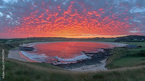 Fiery Sunset Over Coastal Bay and Rolling Hills photo