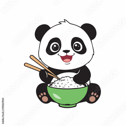  Panda eating rice with chopsticks cute Happy Panda Vector