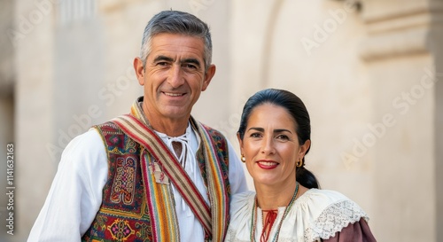 Mature caucasian couple in traditional balkan attire celebrating heritage