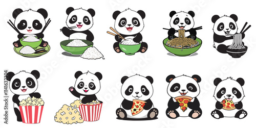 This image features a collection of adorable panda cubs enjoying various meals. They are depicted eating rice with chopsticks, slurping noodles from bowls, and indulging in popcorn and pizza. The pand