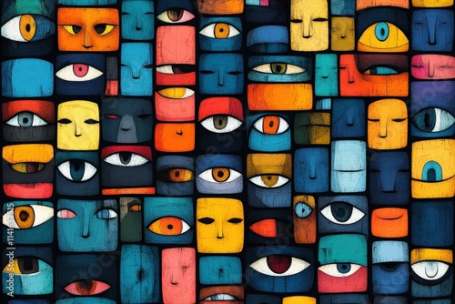 A vibrant collage of abstract faces featuring diverse eye expressions, showcasing a rich palette of colors and unique character designs.