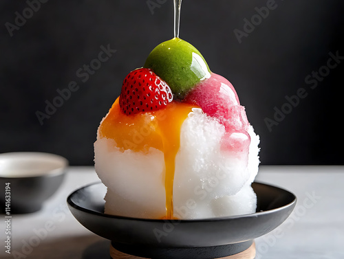 Japanese Shaved Ice Delight: A vibrant and tempting close-up of a Japanese shaved ice dessert, Kakigori, drizzled with sweet syrup and adorned with fresh fruit