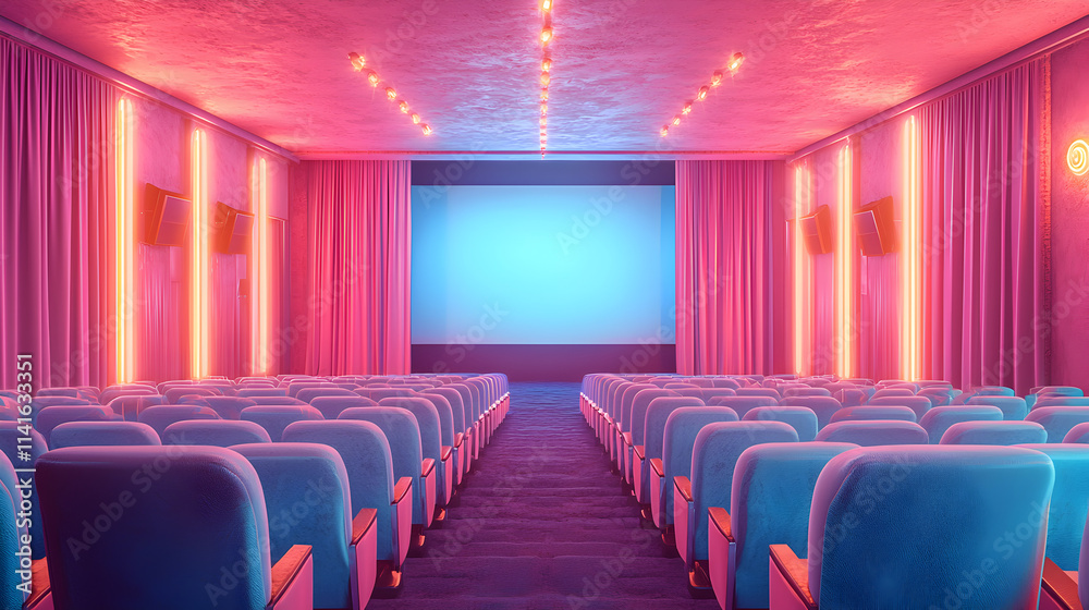 Empty Pink Neon Cinema Movie Theater Seats Empty Pink Neon Cinema Movie Theater Seats