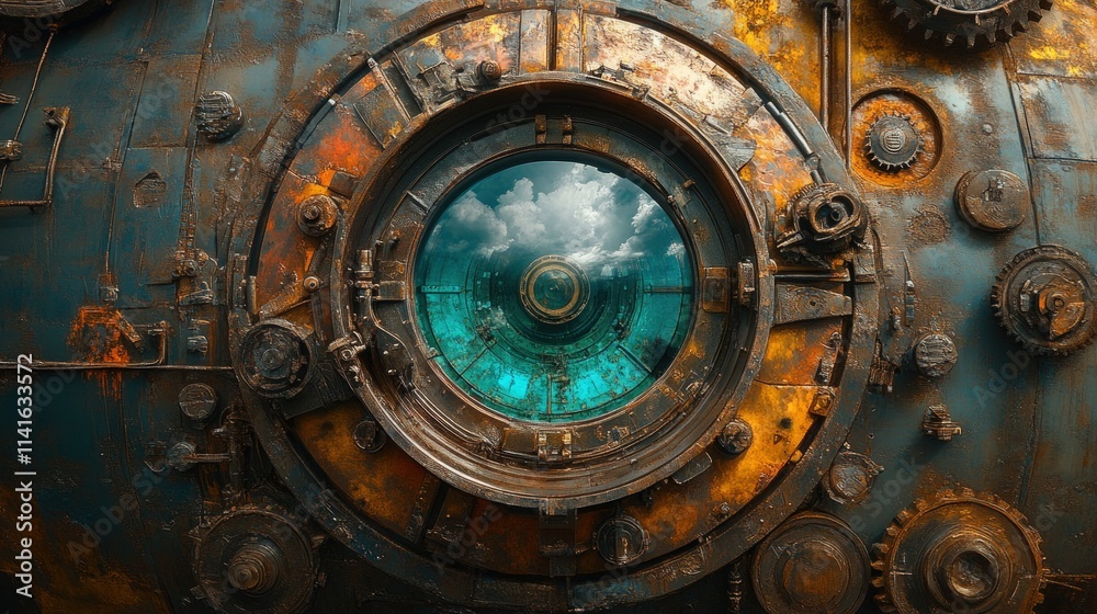 Fototapeta premium Rusty steampunk machine, sky-reflecting portal.