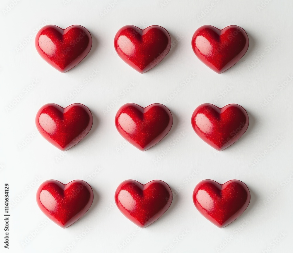 Clean composition of nine red hearts on a white background with soft lighting. Clean composition of nine red hearts on a white background with soft lighting.
