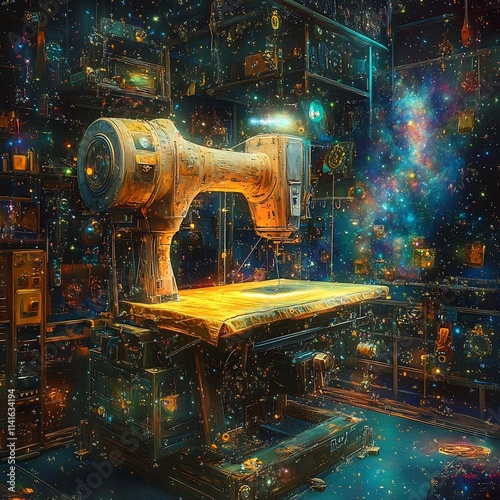 Futuristic Cosmic Workshop with Vintage Machinery and Mystical Energy photo