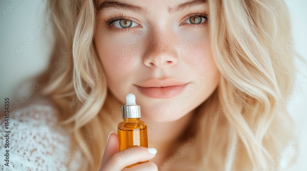 A clean and elegant shot of a blonde woman with light makeup, holding a serum bottle A clean and elegant shot of a blonde woman with light makeup, holding a serum bottle