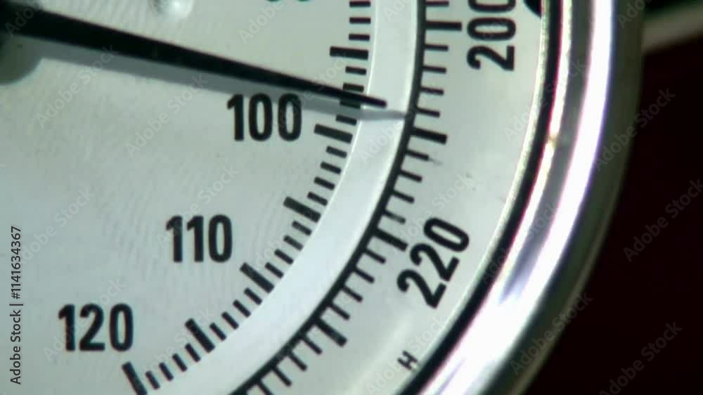 Close-up of a white dial thermometer showing temperature. Close-up of a white dial thermometer showing temperature.