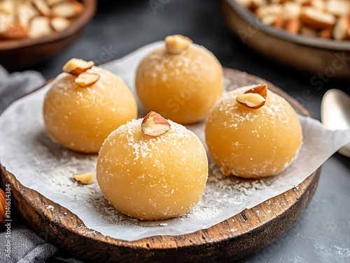 Side shot of golden, round ladoos made of gram flour and ghee, sprinkled with crushed nuts on top photo