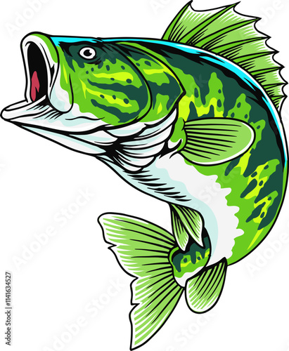 Green Big Bass Fish in cartoon character illustration