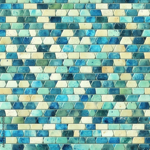 A vibrant mosaic of hexagonal tiles in shades of teal and aqua, creating a visually striking pattern.