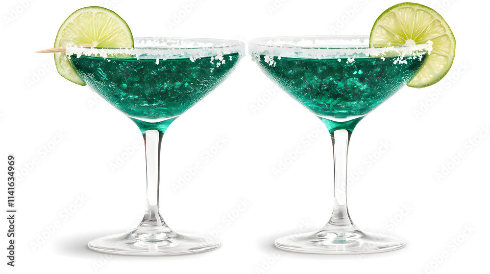 Two Teal Margaritas with Lime Wedges Two Teal Margaritas with Lime Wedges