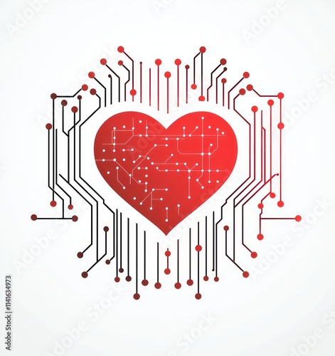 Vector design with a red heart and circuit board pattern on a white background. photo