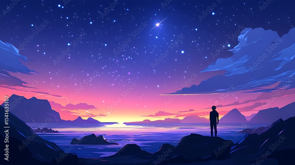 Fototapeta premium Seaside night illustration starry violet and blue dark sky, far view landscape wallpaper, silhouette of a man standing by the beach