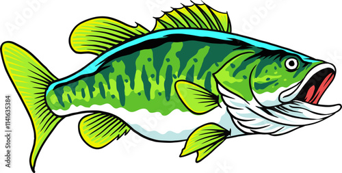 Green Big Bass Fish in cartoon character illustration